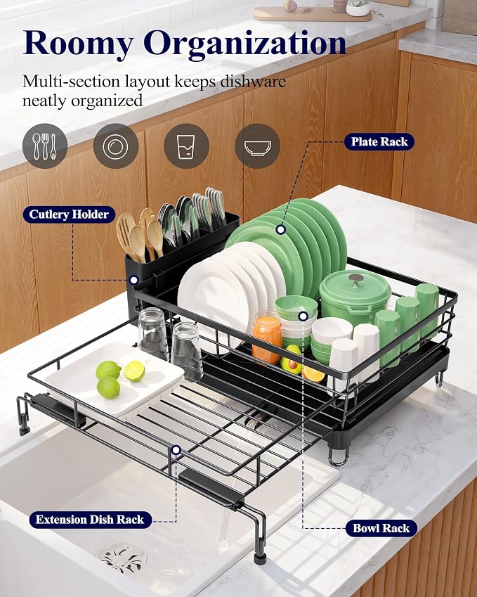 Kitsure Adjustable Dish Drying Rack, 15.6''-25.2''L × 16.9''W, Black | Large Dish Drying Rack, Rust-Resistant Dish Racks for Kitchen Counter, With Adjustable Support Legs, Cutlery Holder