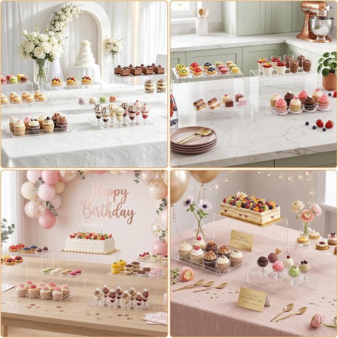 Buffet Risers, 4PCS Clear Acrylic Food Risers for Party Table, Rectangle Dessert Display Stands with Hollow Box for Drink Catering Supply, Scalloped Acrylic Tray for Cupcake Fruits