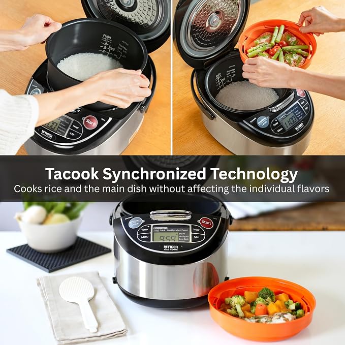 TIGER JAX-T10U-K 5.5-Cup (Uncooked) Micom Rice Cooker and Warmer with Tacook Food Steamer Cooking Tray Technology and 10 Auto-Cook Settings, Stainless Steel Black