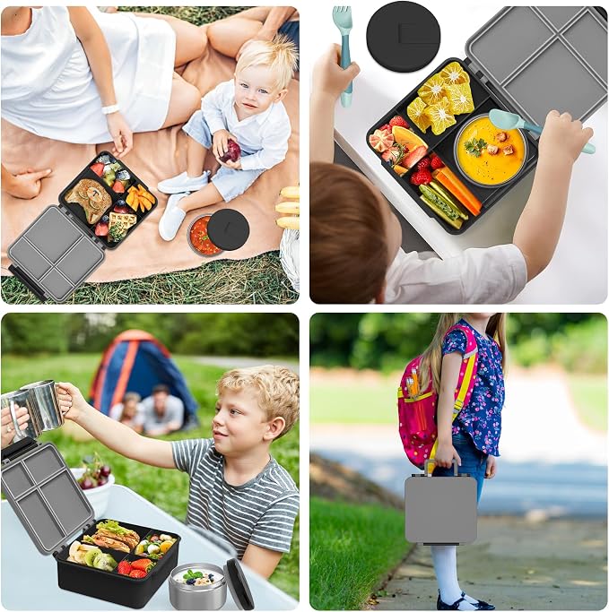 Aimsnk Kids Lunch Box with Thermo Insulated Lunch Bag for School, Black | Kids Bento Lunch Box with 8oz Food Jar, Leak Proof Hot Soup Lunch Containers with 4 Compartment, Warm Lunchbox for Toddler