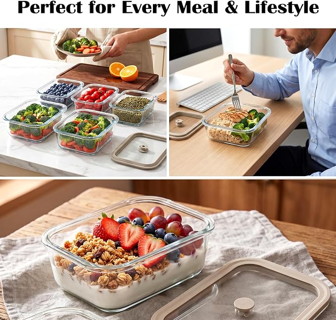 Multi-Size Glass Food Storage Containers with Glass Lids, 4 Pack | Airtight Glass Meal Prep Containers, Plastic Free, Borosilicate Glass Lunch Containers for Leftovers, Microwave, Freezer