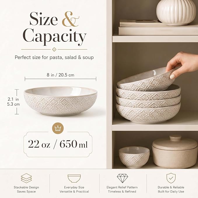8 inch Pasta Bowls, 22 Oz Ceramic Serving Bowls Set of 4, Embossed Porcelain Salad Bowl, Serving Dishes for Pasta, Salad, Soup, Fruit, Housewarming Gift, Wedding Decor, Oven & Dishwasher Safe