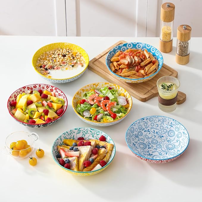 vancasso 8.5" Pasta Bowls Set of 6, 40 oz Porcelain Shallow Salad Bowls, Serving Bowls Large Kitchen Bowl Plates Pasta Dishes Plates, Colorful Floral Design, Microwave Safe, Series SELENE