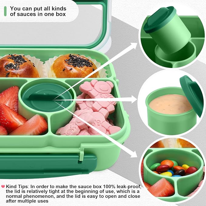 Amathley Bento Box Adult Lunch Box Kids,Lunch Containers for Adults/Kids/Toddler,5 Compartments Bento Lunch Box with Sauce Vontainers,Microwave & Dishwasher & Freezer Safe,BPA-Free (Green)