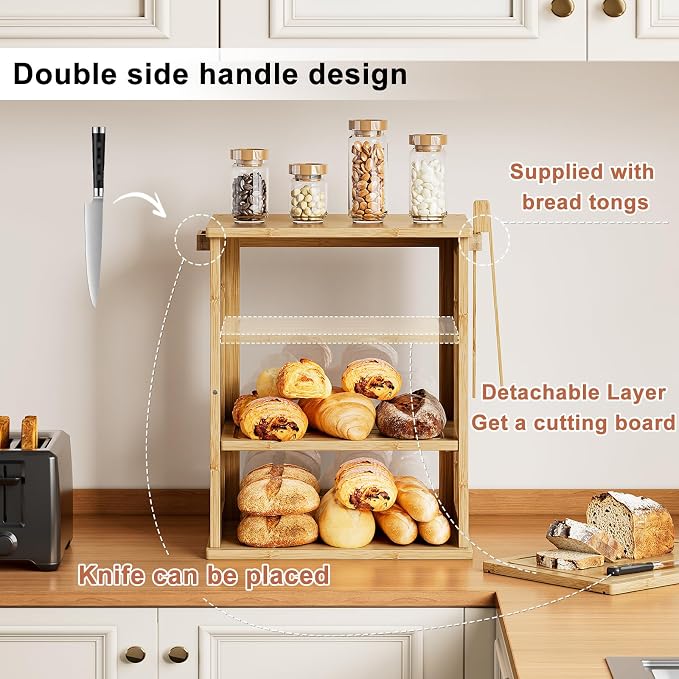 WOWLIVE Bread Box for Kitchen Countertop, 3 Layers Bread Storage Container | Large Bamboo Bread Bin for Homemade Bread with Window, Farmhouse Breadbox Organizer for Kitchen, Cabinet, Natural, Meduim
