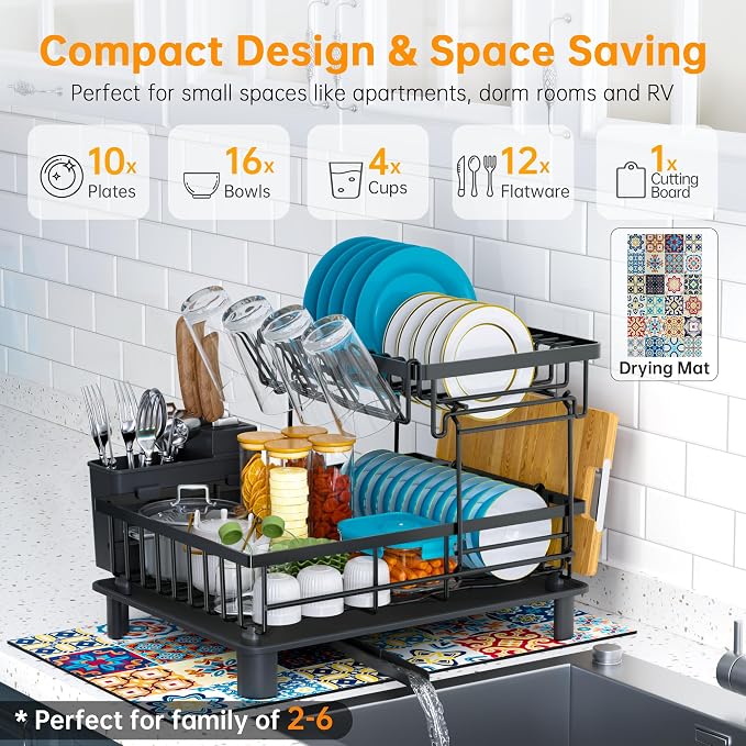 2 Tier Large Detachable Dish Drying Rack for Kitchen Counter,Black | Compact Drying Rack Kitchen, Rust-Resistant Dish Drainer Organizer, Space-Saving Dish Racks with Drainboard, Utensil Holder