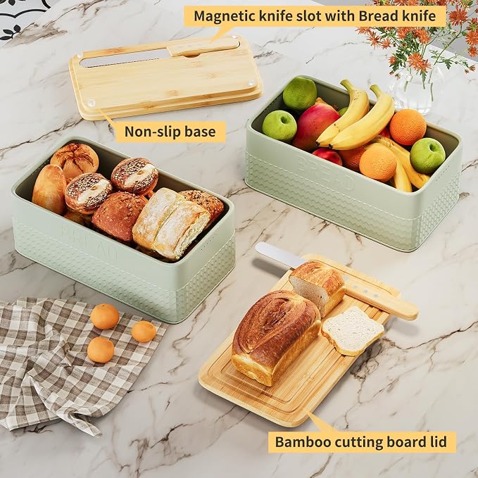 Bread Box for Kitchen Countertop,Metal Bread Storage Bin with Bamboo Cutting Board Lid, Includes Bread Knife, Fits Sourdough & Buns, Stylish Organize (Green)