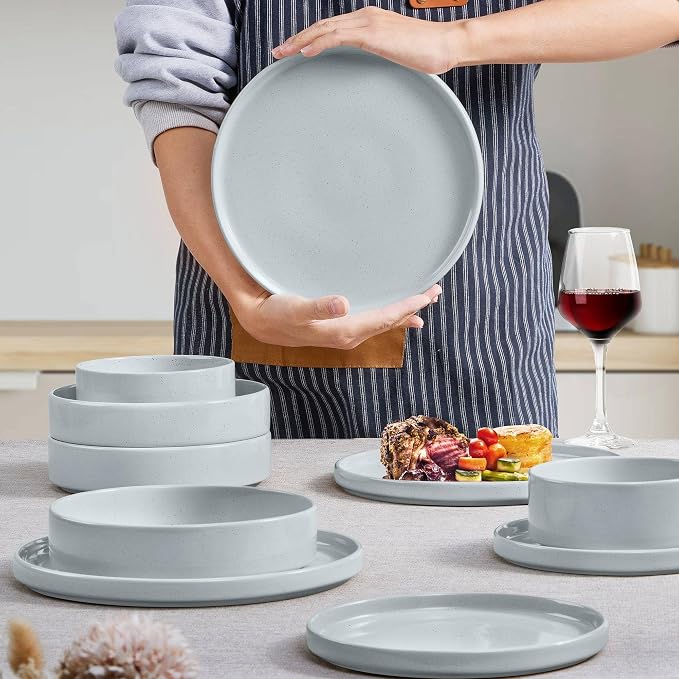 Herogo Stoneware Dinnerware Set with Salad Bowls, 24 Piece Kitchen Dinner Dish Set for 6, Plates and Cereal Pasta Bowls, Chip & Scratch Resistant Dishware, Speckled Light Gray
