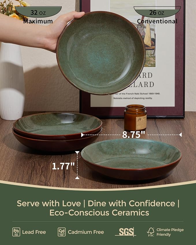 16 Piece Double Bowl Dinnerware Sets with Pasta Bowls, Highly Chip and Crack Resistant Plates and Bowls Sets, Natural Earthyware Ceramic Dishware Sets, Service for 4 Sage Green