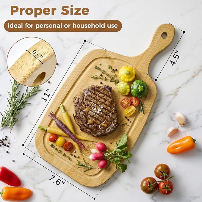 Bamboo Decorative Cutting Board with Handle Set of 2, for Meat | Wood Cutting Board with Handle, for Cheese, Bread, Vegetables, Serving Tray for Kitchen - with Juice Groove - 15.5" × 7.6"
