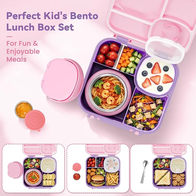 wiwens Kids Bento Lunch Box with Soup Thermo Food Lunch Container for Kid | 4 Compartment Leak-Proof Kids Lunch Box,9oz Stainless Steel Insulated Hot Food Jar,for Boys Girls Toddler to School Travel