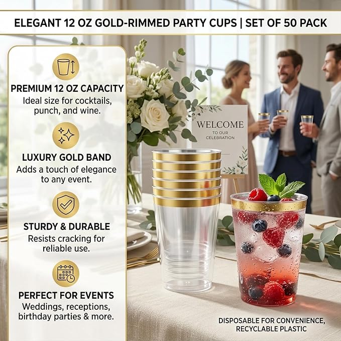 Byvivace 12oz Clear Plastic Cups with Gold Rimmed Sturdy & Food Safe Disposable Wine Glasses Wedding Cups Party Cups Plastic Cocktail Glasses for Wine, Juice, Cocktails and Cold Beverages [100 Pack]
