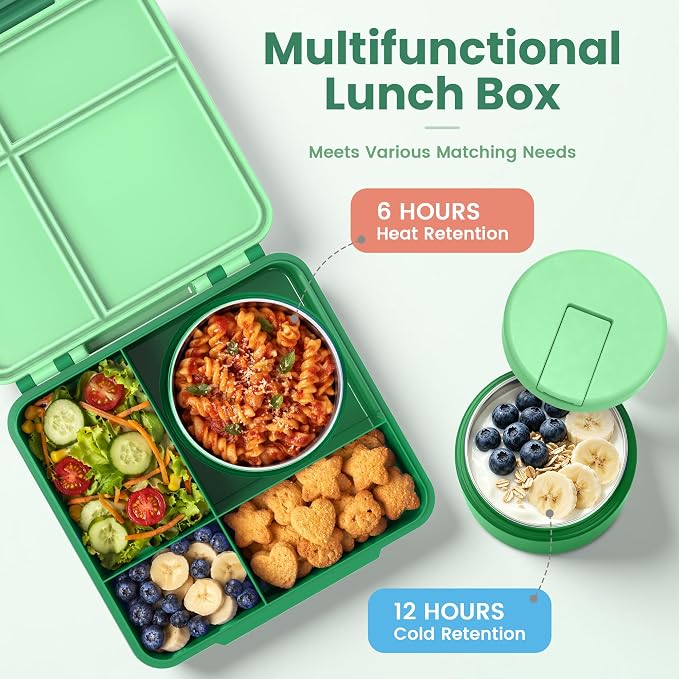LOHASOK Bento Lunch Box for Kids with 8oz Soup Thermo, Green | 4-Compartment, Leak-Proof Lunch Containers with Insulated Food Jar and Silicone Foldable Spoon Fork