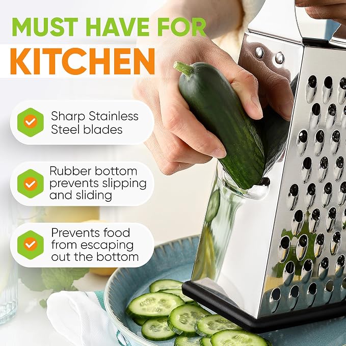Spring Chef Stainless Steel Cheese Grater, Large Box Grater for Kitchen | 4 Sided Handheld Vegetable Shredder, Kitchen Food Grater for Cheese, Potato, Carrot, Ginger, Veggie, Dishwasher Safe