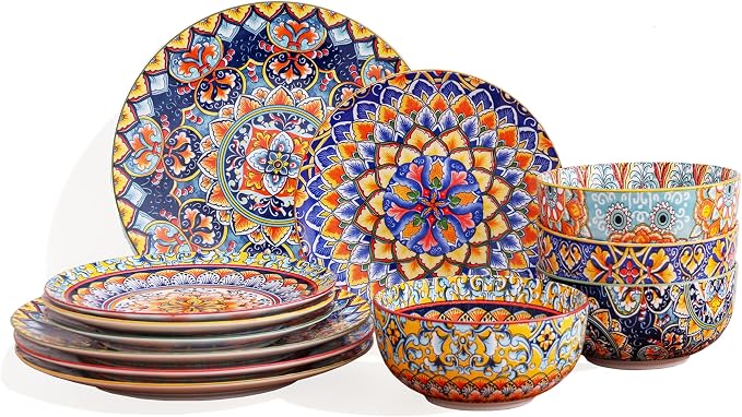 12-Piece Bohemian Porcelain Dinnerware Set for 4, Colorful Plates & Bowls | Ceramic Dish Set for Kitchen, Scratch Resistant, Microwave & Dishwasher, Decorative Tableware for Wall Decor & Housewarming