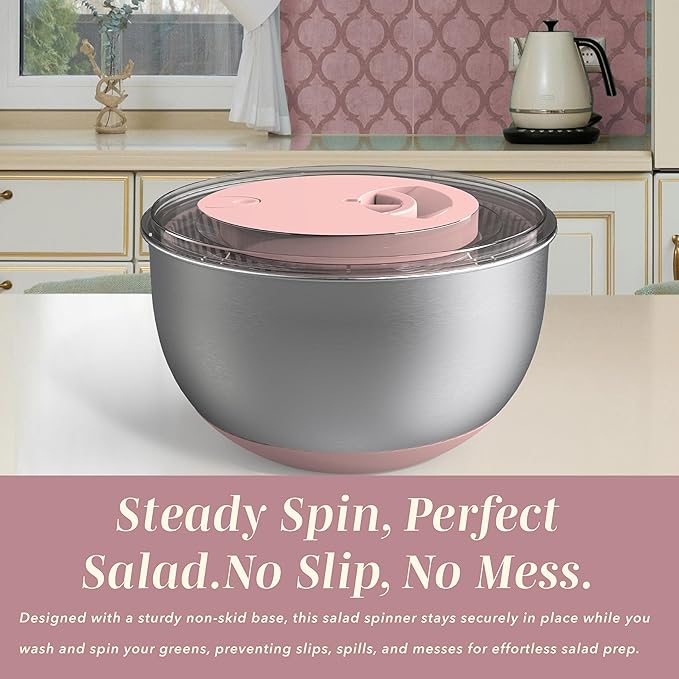 COOK WITH COLOR Stainless Steel Salad Spinner - 5 Qt. Lettuce Washer And Vegetable Spinner Dryer for Easy Salad Prep - Non Slip Base with Pull Handle - Auto Stop Brake System, Stain and Odor Resistant