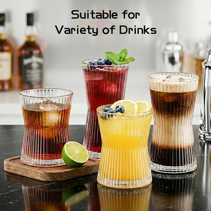 JOVGANK Drinking Glasses Set of 8 – Lead-Free Crystal Glassware, 4 Tall 10oz & 4 Short 8.5oz Vintage Ribbed Tumbler Glasses, Dishwasher Safe, for Juice Beer Cocktails, Great Housewarming Gift, Set B