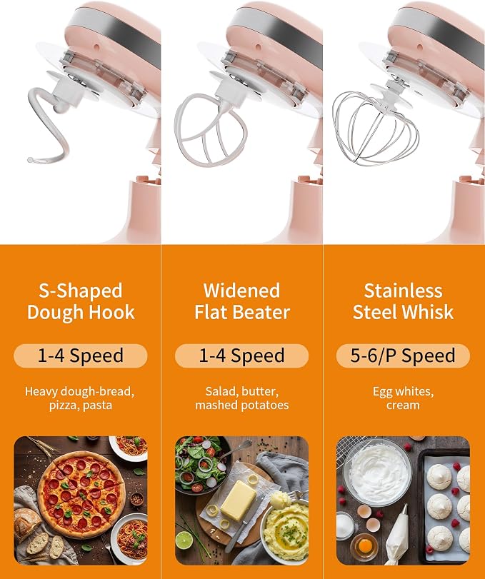 Stand Mixer 3.4QT Tilt-Head Pink Mixers 6+P Tilt-Head Speed | Portable Household Mixer for Daily Use with Egg Whisk,Dough Hook & Flat Beater,Perfect Dough Bread Mixer for Home Baking