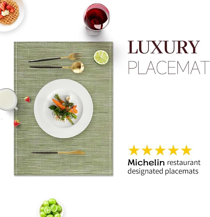 Green Placemats Set of 4, 12x18 Inch Faux Linen Table Mats | Heat Resistant and Washable Design, Easy to Clean Surface for Dining Rooms, Kitchens, Outdoor Parties and Everyday Home Decor