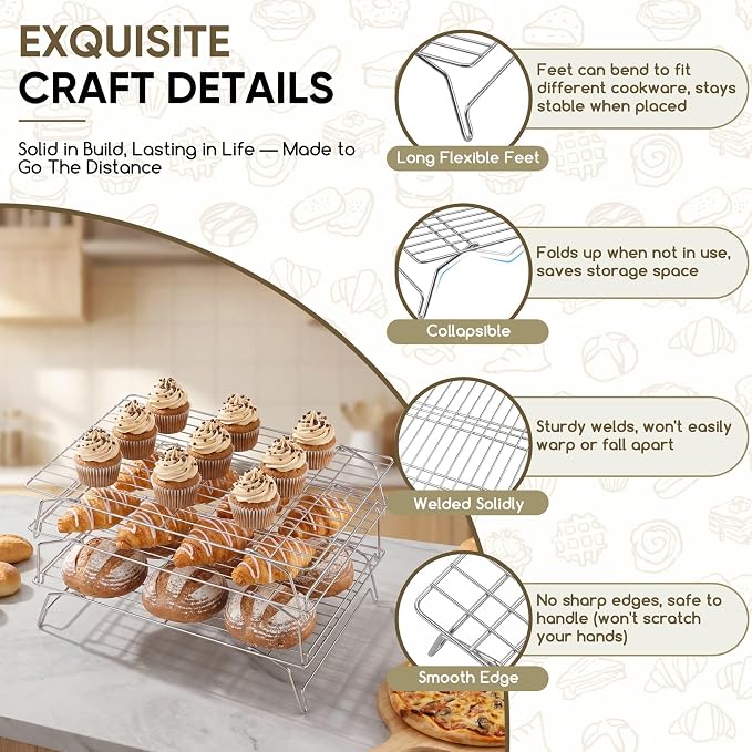 Herogo 15" x 10" Cooling Rack, 4-Tier Stainless Steel Baking Rack for Cookies, Cupcakes, and Pastries, Collapsible Space-Saving Design, Dishwasher Safe, Ideal for Baking, Roasting, and Drying