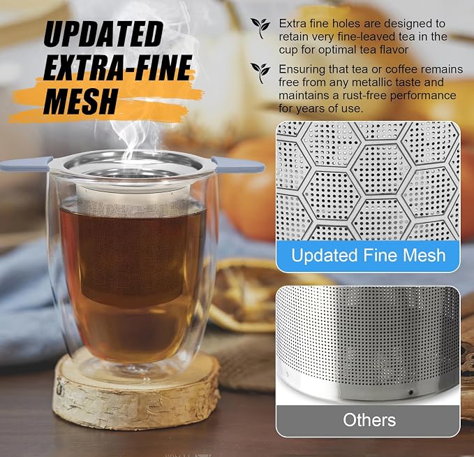 Tea Infuser for Loose Leaf Tea, 304 Stainless Steel Strainer Basket Silver | Fine Mesh Steeper, Heat Resistant, Silicone Handle, Lid Included, Large Capacity, Mug Filter, Fits Standard Cups