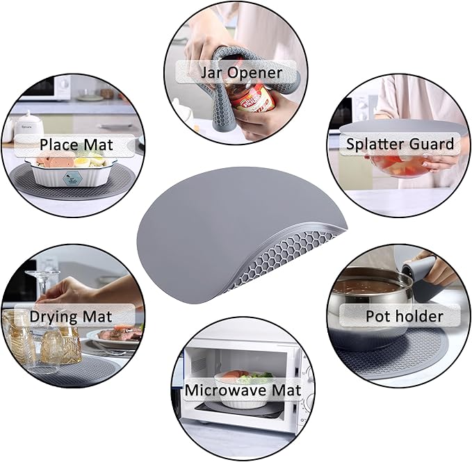 Silicone Microwave Mat - Round 12" x 12" - Set of 4 Heat Resistant Multifunctional Mat, Splatter Guard, Trivet, Hot Pad, Pot Holder