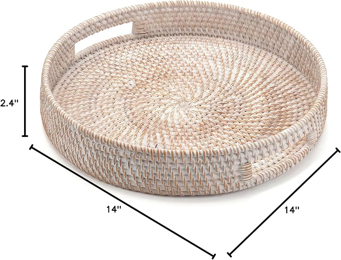 14" Round Rattan Tray, Hand Woven Serving Tray with Handles, Wicker Serving Basket, Decorative Tray for Home Decor, Whitewash