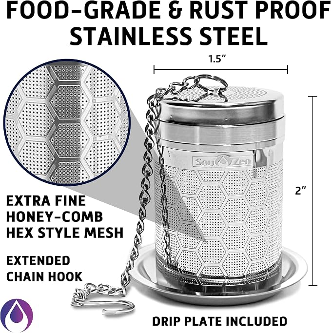 Sou Zen Tea Infuser (2 Pack & Teaspoon Scoop) | Extra Fine Hex Mesh Loose Leaf Tea Strainers | 304 Stainless Steel Tea Steeper with Extended Chain Hook | Perfect for Brewing Loose Tea, Herbs & Spices