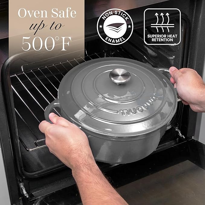 Nuovva Enamelled Cast Iron Dutch Oven Pot with Lid-6.4 Quart Non Stick Casserole Pot-Heavy Duty & Oven Safe up to 500° F for Bread Baking, Braising, Stews, Roasting - 28cm Grey