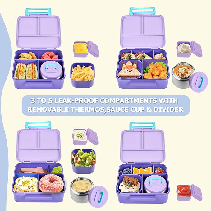 Bento Lunch Box for Kids with Thermo, Leakproof Bento Box with 8oz Insulated Food Jar, Lunch Bag, BPA Free Dishwasher Safe 4 Compartment Container for School Girls Boys (Purple)