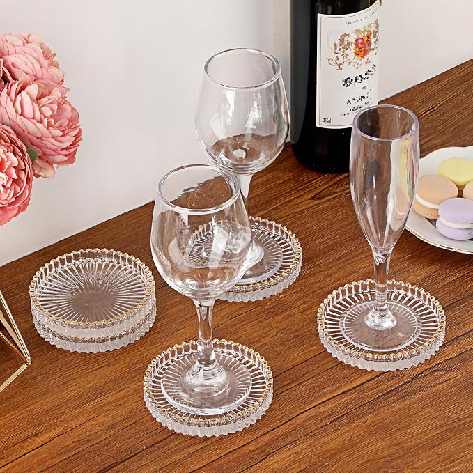 Set of 5 Modern Clear Coaster-Glass Coasters for Drinks,Clear with Gold Rim | Crystal Coasters Round Cup Mat, Coffee Table Decor for Office, Kitchen, Bar, Dining Room, Living Room, Patio