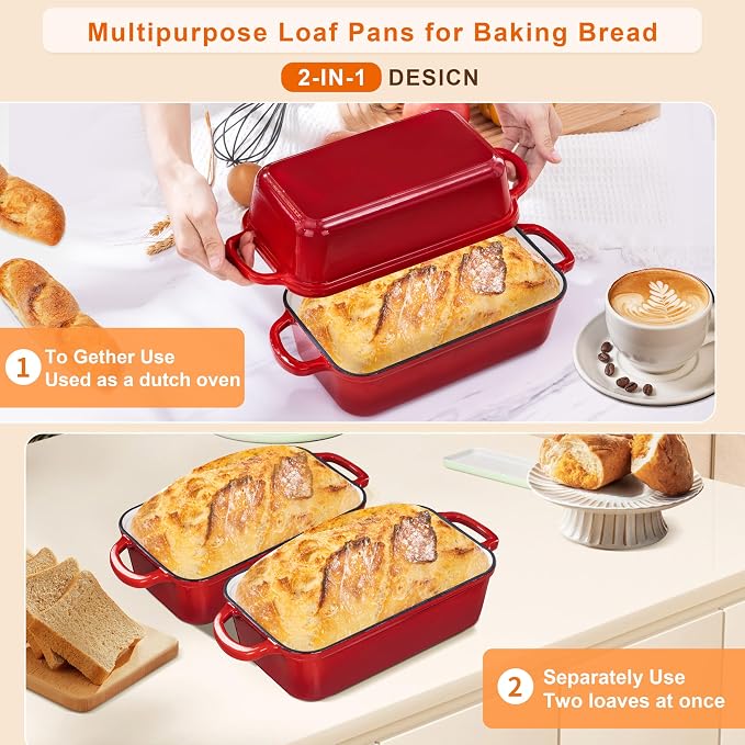GRMImosa 9x5 Inch Cast Iron Loaf Pan with Lid, Loaf Pans for Homemade Bread | Cast Iron Bread Pan with Lid for Sourdough Baking, 9x5 Loaf Pan with 2-in-1 Design, Even Heat Distribution, Enameled Cherry