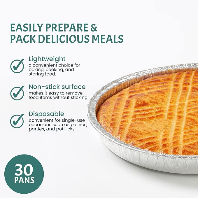 Round Aluminum Pans with Lids (30 Pack) - 9 Inch Disposable Pie Pans - Round Aluminum Foil Pans For Baking, Grilling, Cooking, Storing, Prepping - Pie Tins with Lids