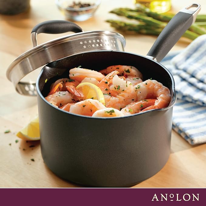 Anolon Advanced Home Hard-Anodized Nonstick Sauce Pan with Straining Lid, 2-Quart, Moonstone
