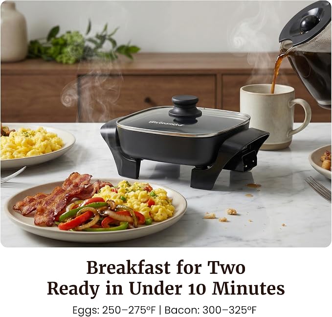 Elite Gourmet EG808C PFAS-Free Ceramic Electric Skillet, 2.5Qt, Black | Compact 8"x8", Removable Thermostat, 200-400°F Range, Tempered Glass Vented Lid, Dishwasher Safe, One-Pot Meals