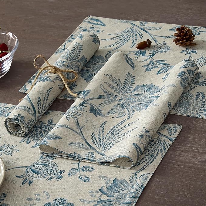 JINCHAN Sliva Linen Floral Placemats Set of 4 Farmhouse 13x19 Inch Blue | Fabric Placemats, Cottage Style, Painterly Floral Pattern, Machine Washable, Easy to Store, Reusable