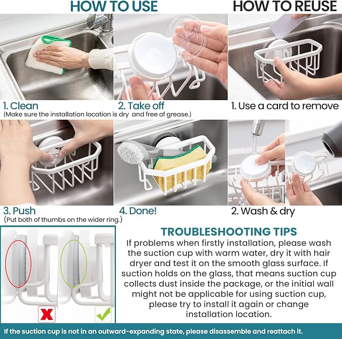 TAILI Sponge Holder for Kitchen Sink with Suction Cup-White, Aluminum | Rustproof Aluminum Sink Caddy for Sponges,Brushes,Stoppers & Scrapers,Removable Ventilated Quick-dry Design, holds Up 11lbs