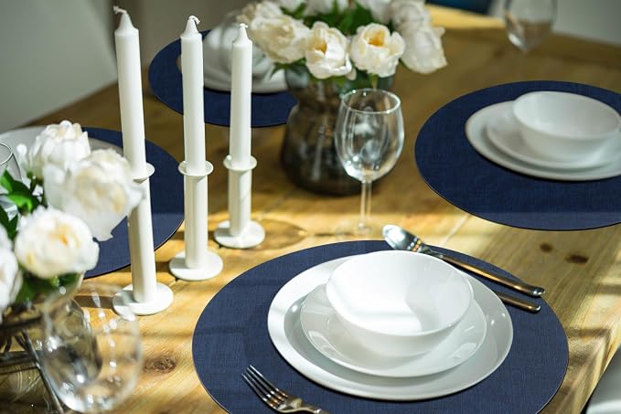 Round Faux Leather Placemat and Coaster 6 Packs, Washable Heat Resistant Dining Place Mats, Wipeable Double-Sided Table Mats for Indoor and Outdoor, Diameter 13 and 3.93 inch, Navy
