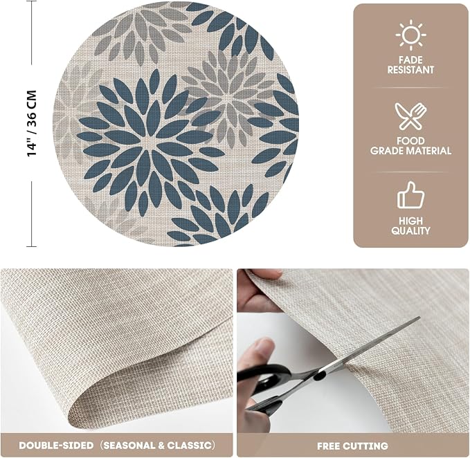 Artoid Mode Navy Dahlia Plastic Round Placemats Set of 4, 14 Inch Seasonal Wipeable Woven Vinyl Table Mats for Farmhouse Party Kitchen Dining Decor