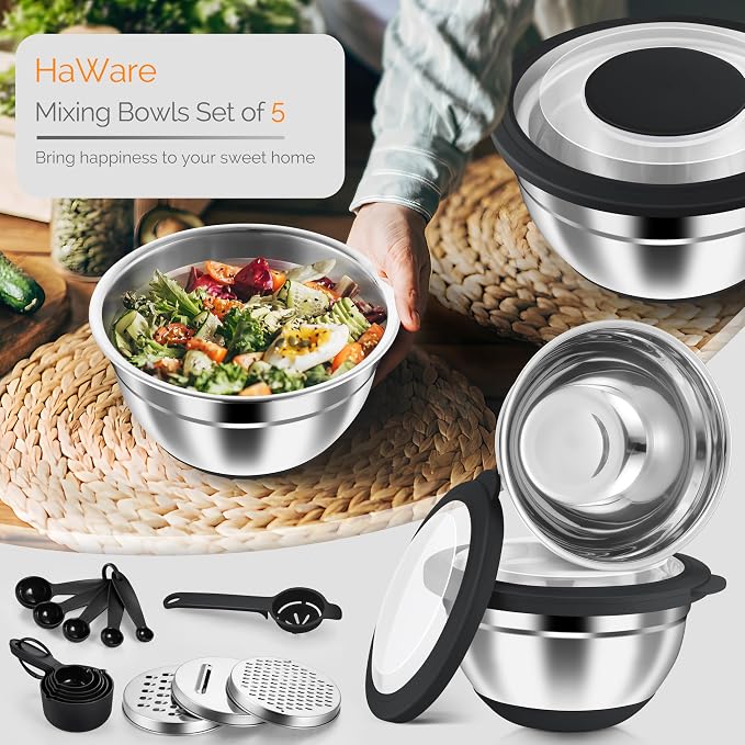 HaWare Stainless Steel Mixing Bowls with Airtight Clear Lids, 24PCS, Black | 5 Nesting Bowls: 4.6/2.6/1.5/1/0.7 QT, Includes 3 Graters, Non-Slip, For Serving, Prepping, Storing