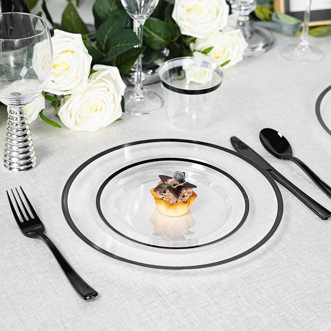 600PCS Clear Black Plastic Plates, Disposable Dinnerware Set for Party | 100 Guest, 100 Dinner & Dessert Plates, Forks, Spoons, Knives, Cups, Black Rim, for Halloween Graduation Labor Day