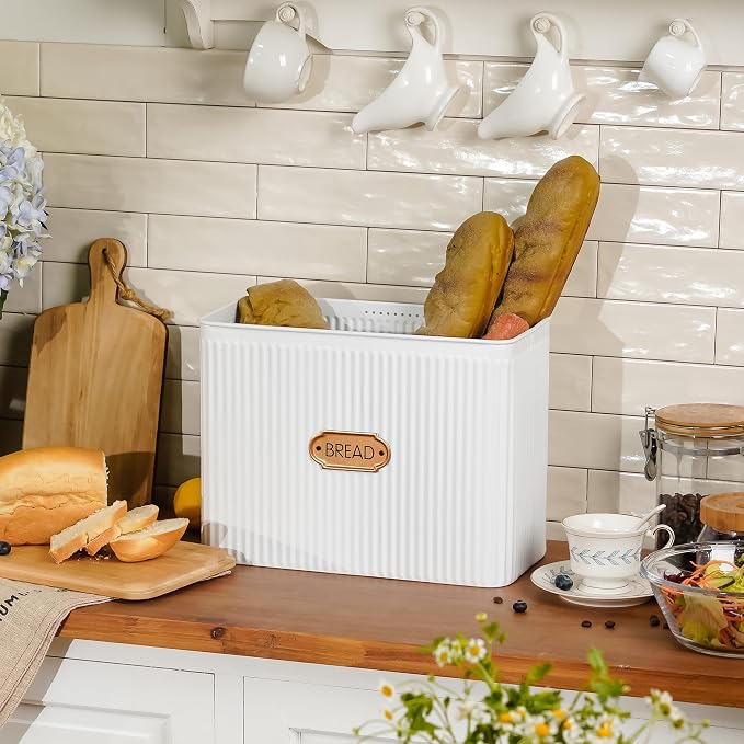 Extra Large Vertical Stripe Embossed Bread Box with Bamboo Lid | Corner Breadbox for Homemade Bread, White Metal Bread Storage Container Bin for Kitchen Countertop, Fits 2 Loaves of Bread