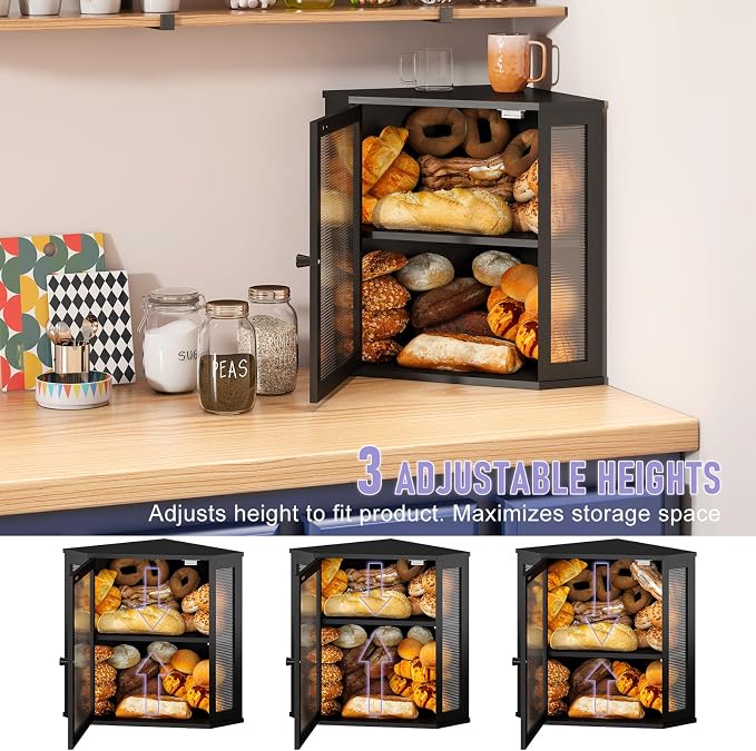 Corner Bread box for Kitchen Countertop,Farmhouse Bread Box with Acrylic Wavy Door Panel,Large Bread box for kitchen countertop, Food Storage Container (Black, Extra Large)
