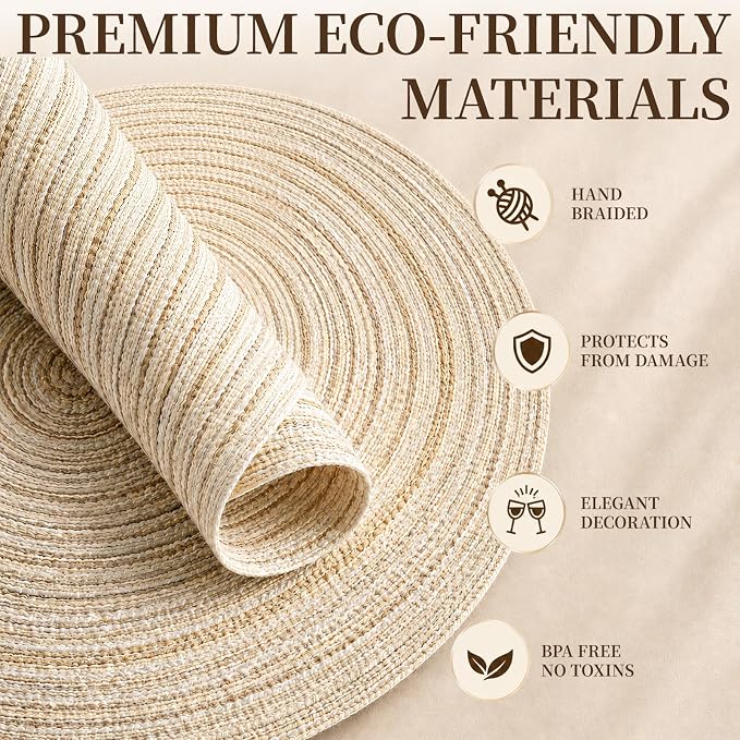 TaroKitc 15 in Round Placemats Set of 8, Washable Woven Placemats Heat Resistant Cotton Polyester Braided Table Mat, Non-Slip Circle Place Mats for Kitchen Dining Table Decor - Beige