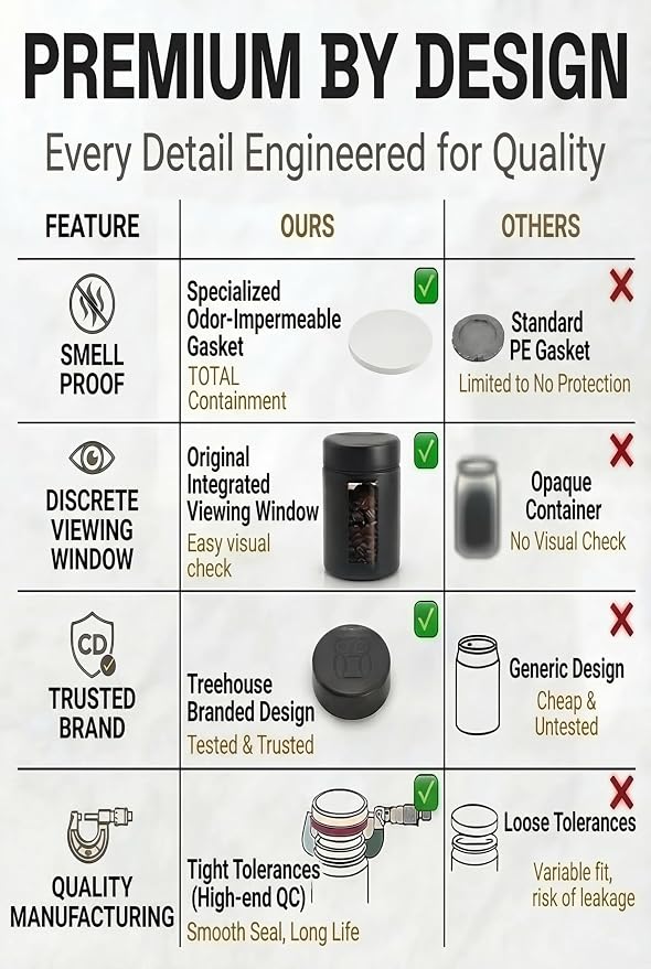 Treehouse Smell Proof Containers (120mL), Jars with Airtight Lids for Herbs, Spices, Coffee and Tea, Air Tight Glass Storage Jars with UV Protection Glass, (Set of 4) (Matte Black)