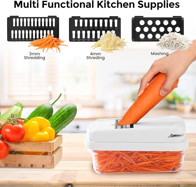 Yusshn Vegetable Chopper, 12-in-1 Food Veggie Chopper Cutter with Container | 7 Sharp Blades Dice, Slice, Shred and Grate for Salads, Onions and Meal Prep, with a Non-Slip Base and Drain Basket