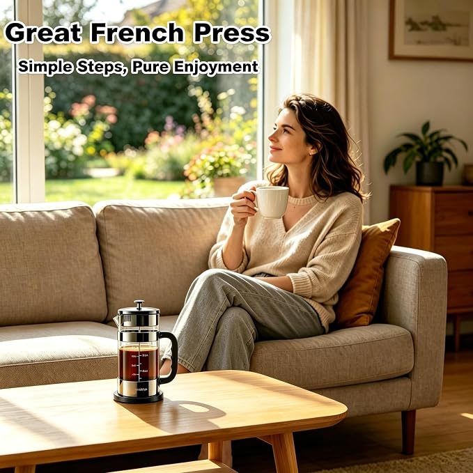QUQIYSO French Press Coffee Maker 34oz, Thickened Glass Coffee French Press | Stainless Steel Coffee Press, 4 Filter Easy to Clean, Cold Brew Coffee Maker, Suitable for Kitchen Party Gifts(Dark Pewter)