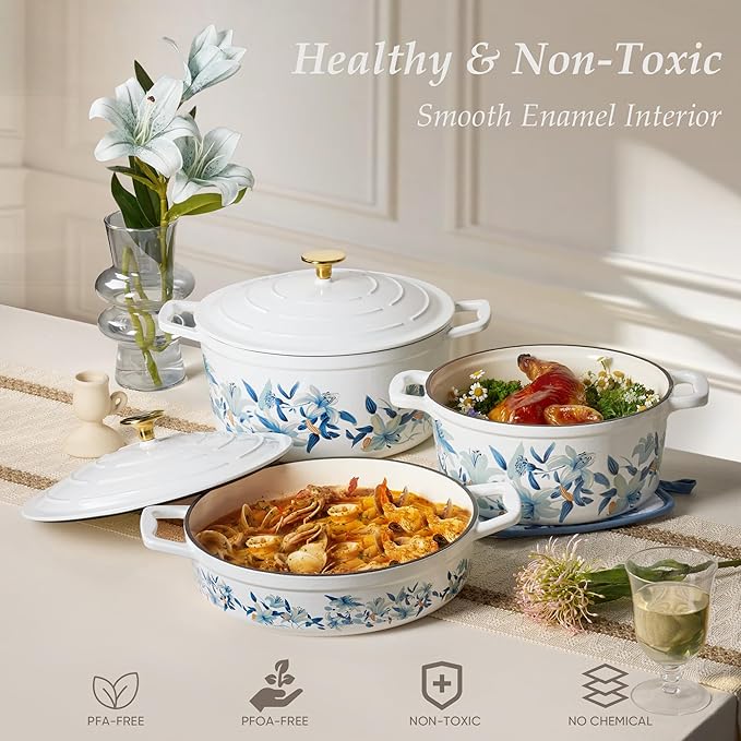 CAROTE 3.5QT Enameled Cast Iron Braiser Pan, Shallow Floral Dutch Oven Casserole Skillets, Non-Toxic Cast Iron Pot with Lid for Baking, Dual Handles, All Stovetop Compatible, White & Blue