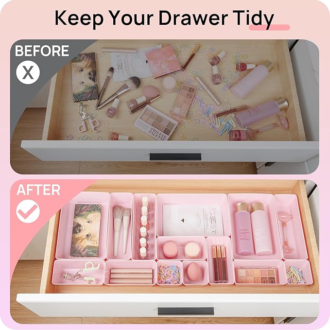 Vtopmart 44 PCS Plastic Drawer Organizers Set, Vanity Organizer Trays, Pink | 4-Size Versatile Makeup Organizer, Non-Slip Storage Containers for Makeup, Jewelries, Bedroom，Kitchen Utensils and Office