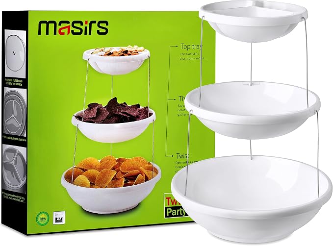 Masirs 3-Tier Collapsible Bowl: Decorative Design Folds for Minimal Storage. Ideal for Serving Snacks, Salad, and Fruit. Top Bowl Divided into Three Sections. | Masirs Tiered Serving Stand, Divided Top Tray, BPA-Free Dishwasher Safe Plastic, Snacks Sal...